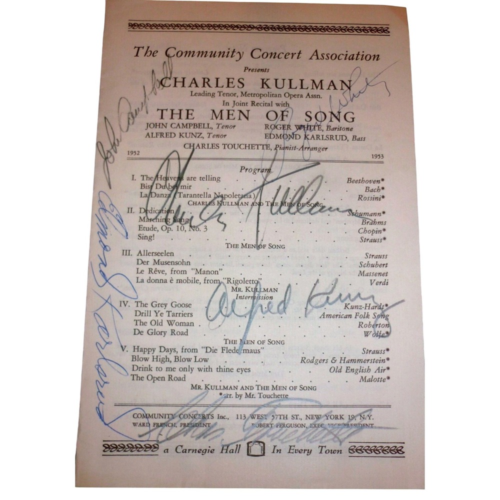 1952 Charles Kullman & The Men of Song Signed Concert Program Opera Ephemera